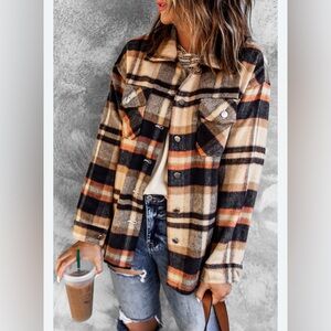 Orange Geometric Plaid Print Flannel Shirt Jacket Shacket;size medium